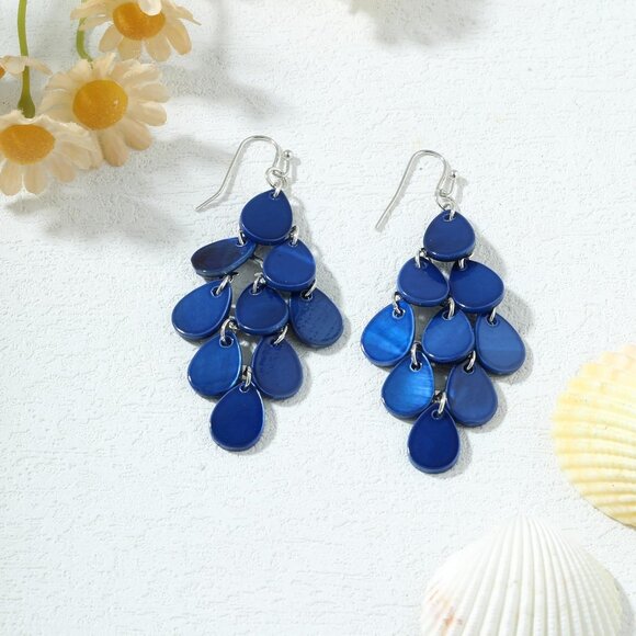 Blue Sea Shell Tear Drop Earrings on French Wire for Women - Summer Beach Jewelr - Picture 4 of 6